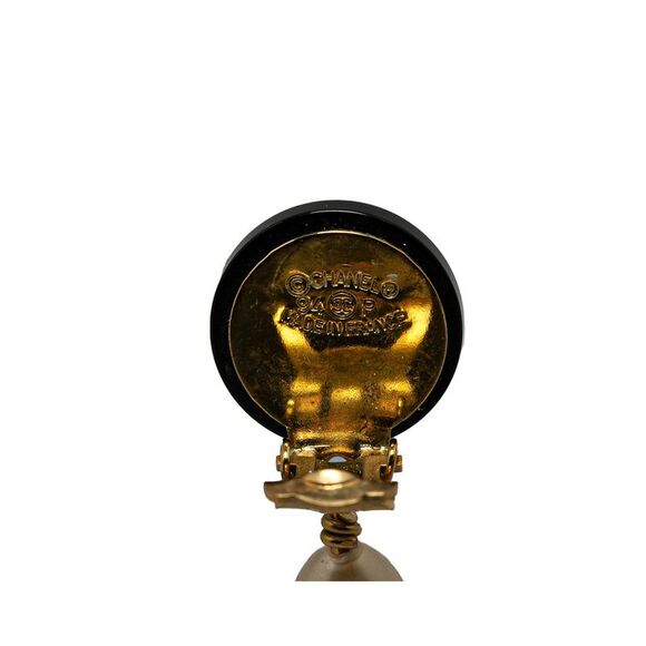 Pre Loved Chanel Gold Plated CC Dangling Faux Pearl Clip on Earrings - Picture 3 of 4